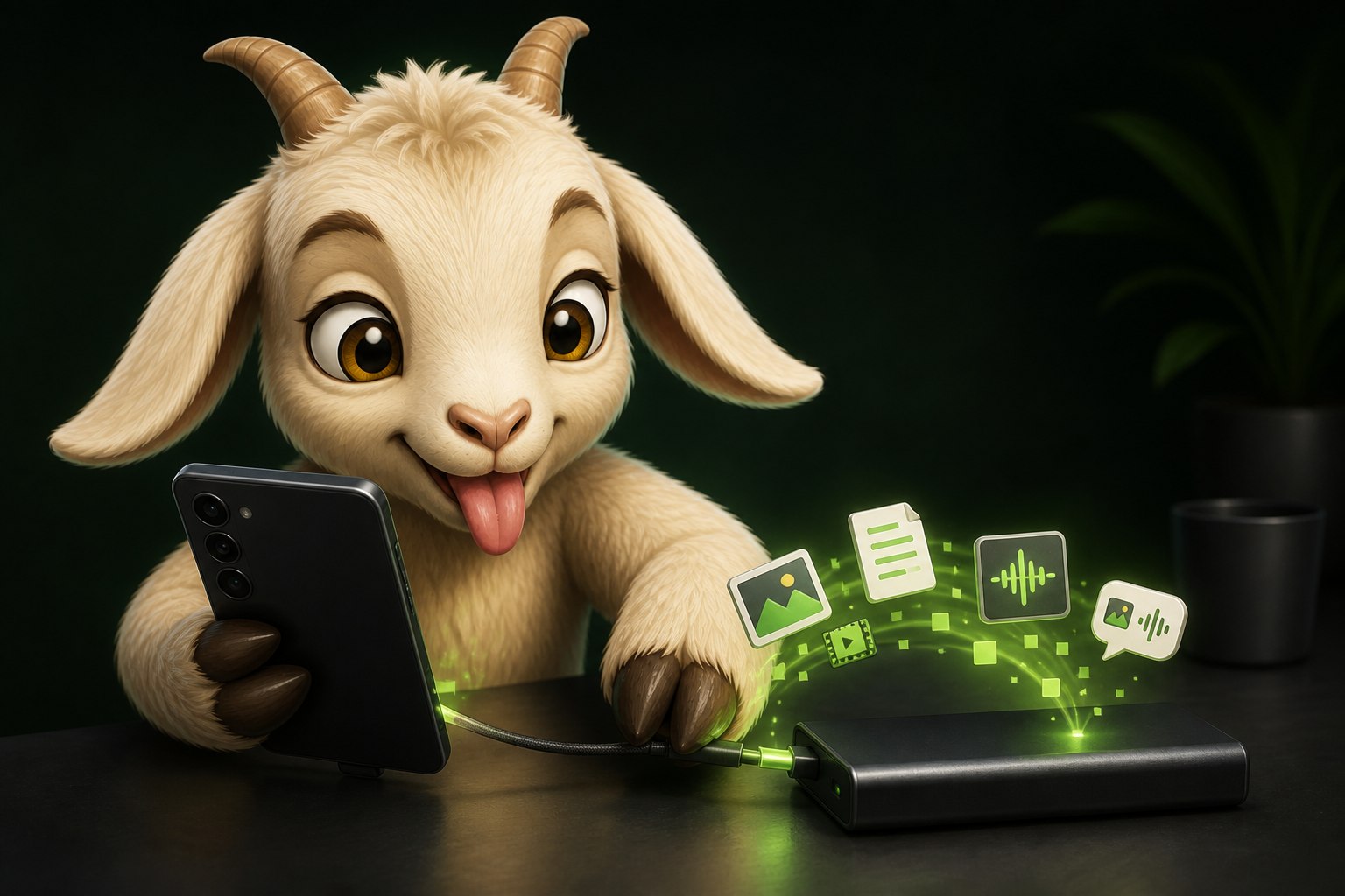 Cabrinha conectando um celular Android a um dispositivo de backup