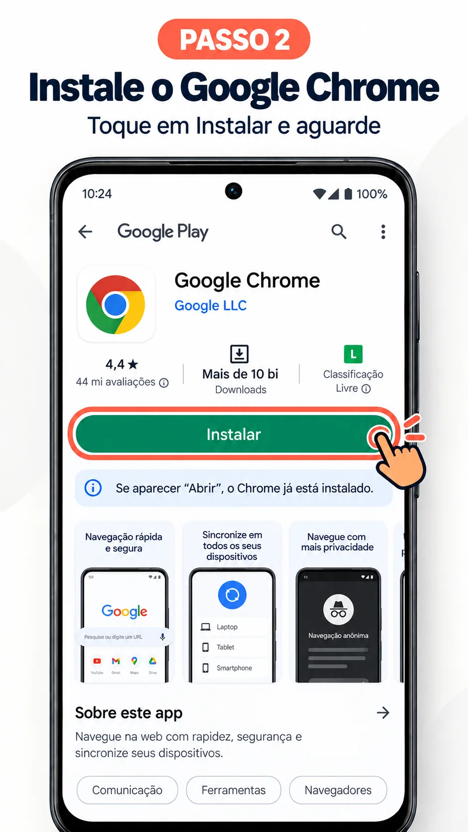 Página do Google Chrome na Play Store com o botão Instalar destacado