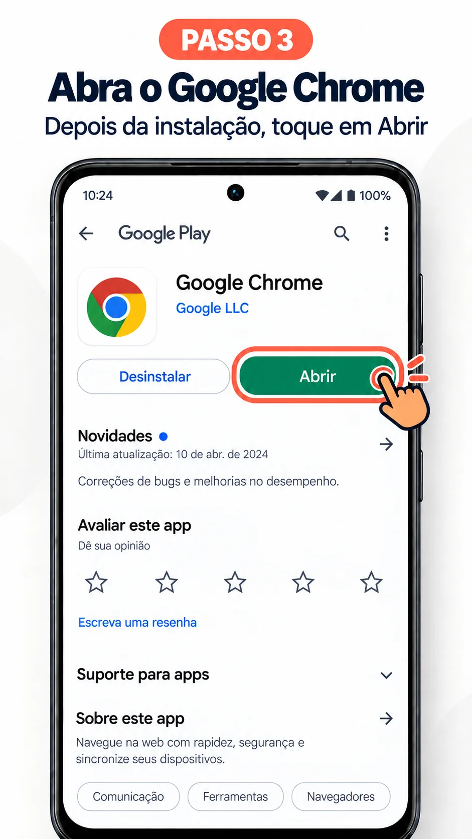 Página do Google Chrome na Play Store com o botão Abrir destacado