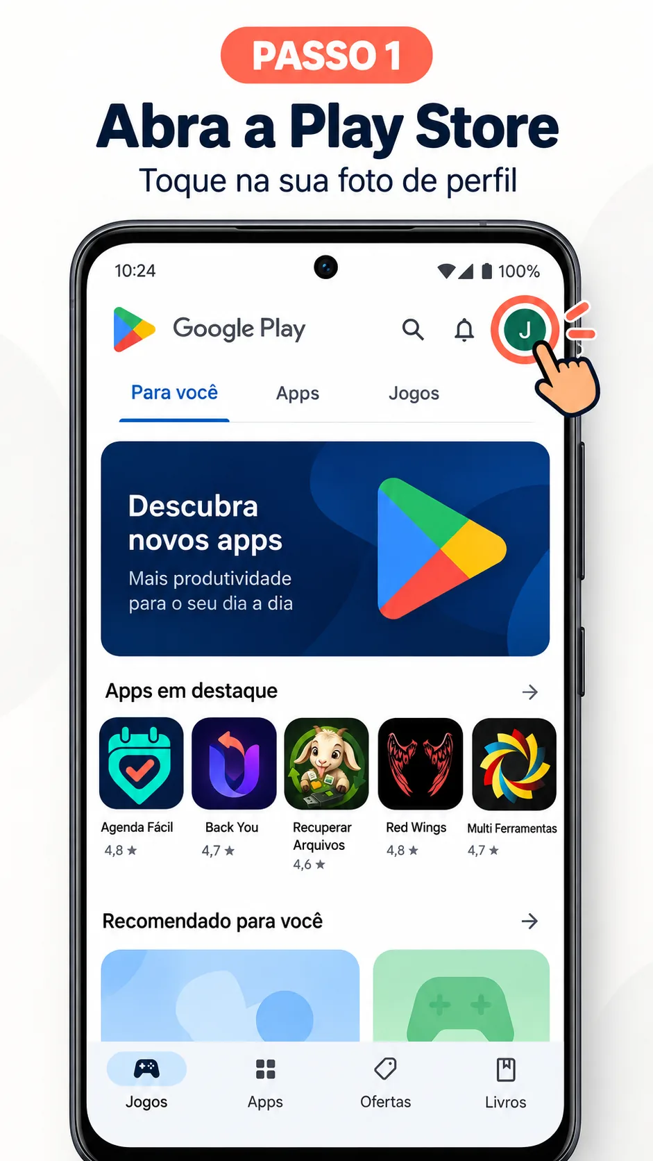 Tela inicial da Play Store com a foto de perfil destacada no canto superior direito