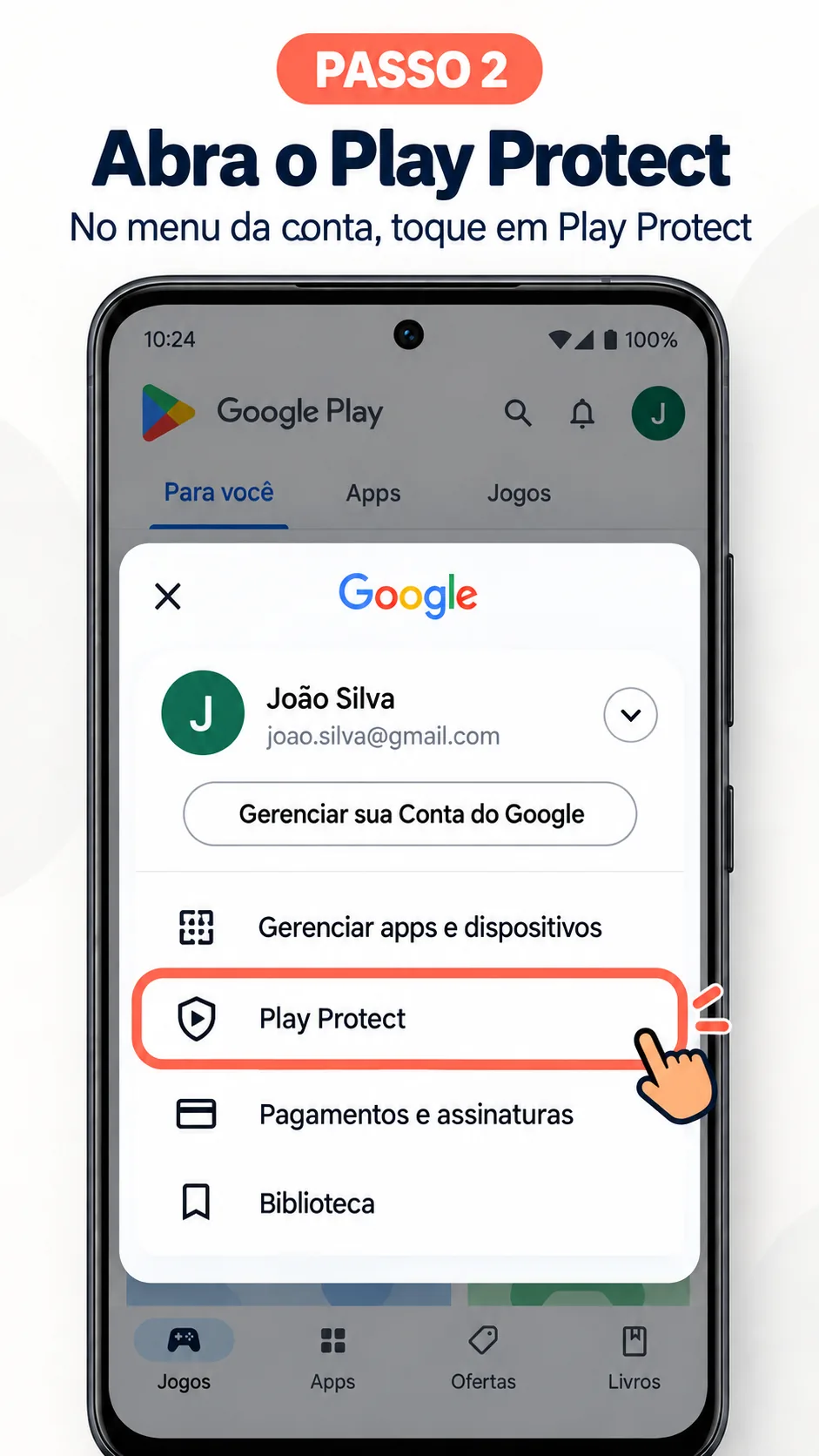 Menu da conta Google na Play Store com a opção Play Protect destacada