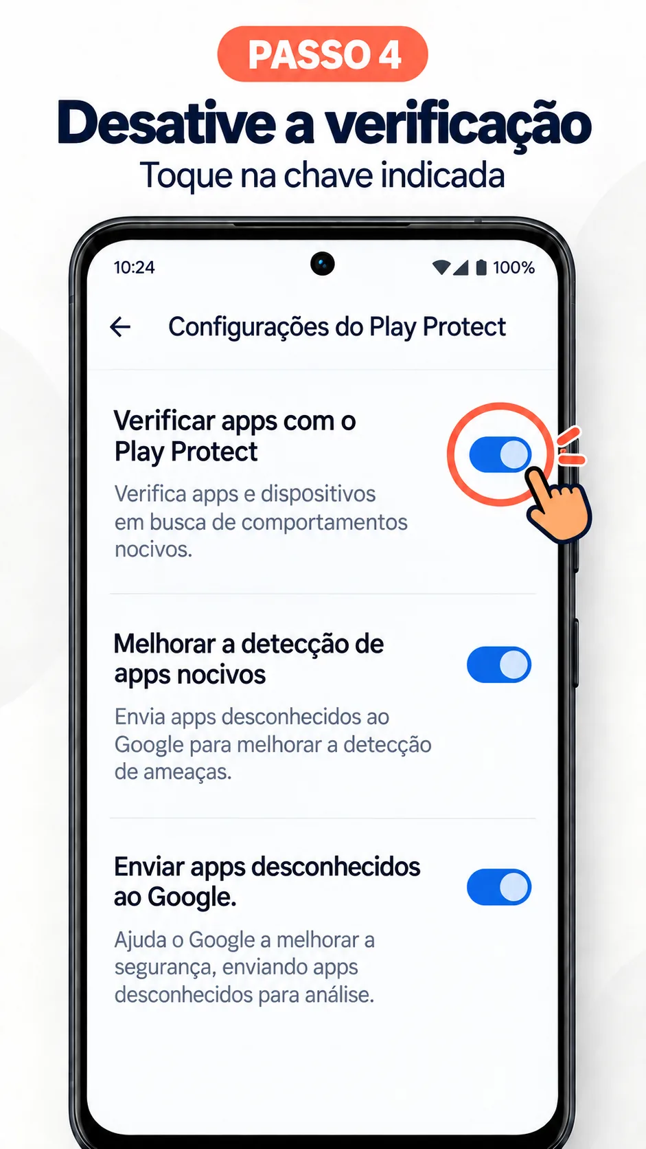 Configurações do Play Protect com a chave Verificar apps com o Play Protect destacada