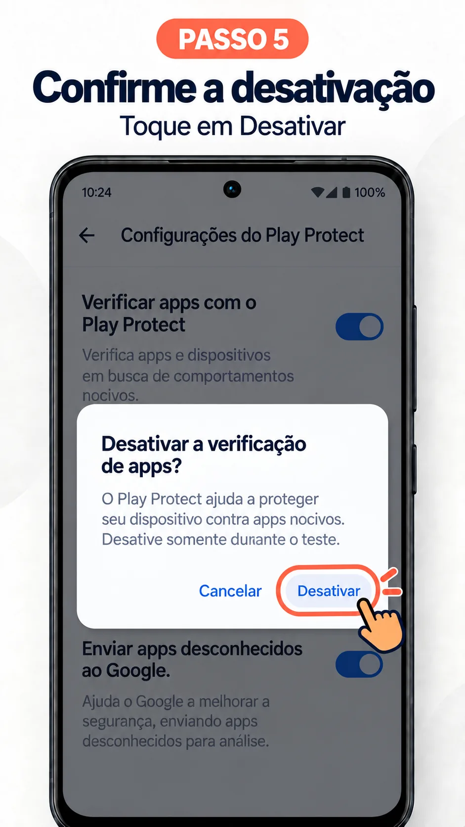 Caixa de confirmação Desativar a verificação de apps com o botão Desativar destacado